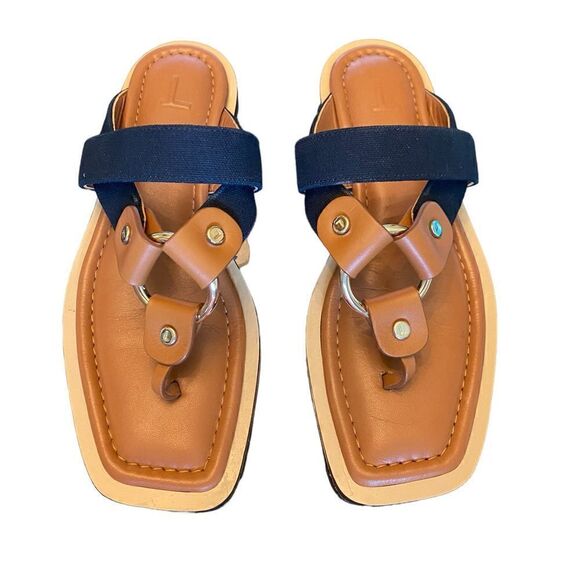 Lafayette 148 Sz 38/8 Brown Navy Blue Sabine Leather Canvas Classic Sandals - Picture 3 of 8